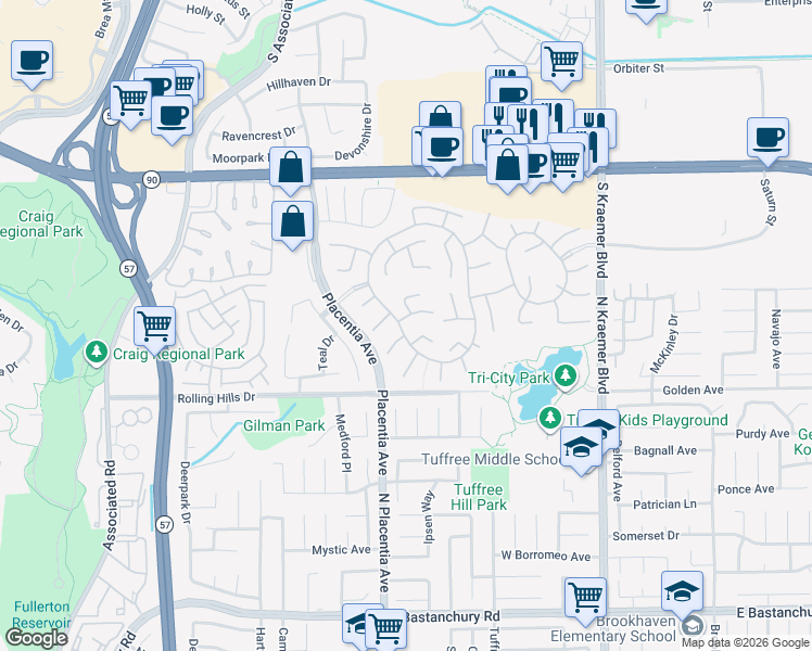 map of restaurants, bars, coffee shops, grocery stores, and more near 2926 Cardmon Lane in Fullerton