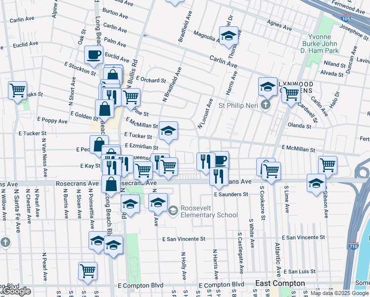 map of restaurants, bars, coffee shops, grocery stores, and more near 1951 Canova Lane in Compton