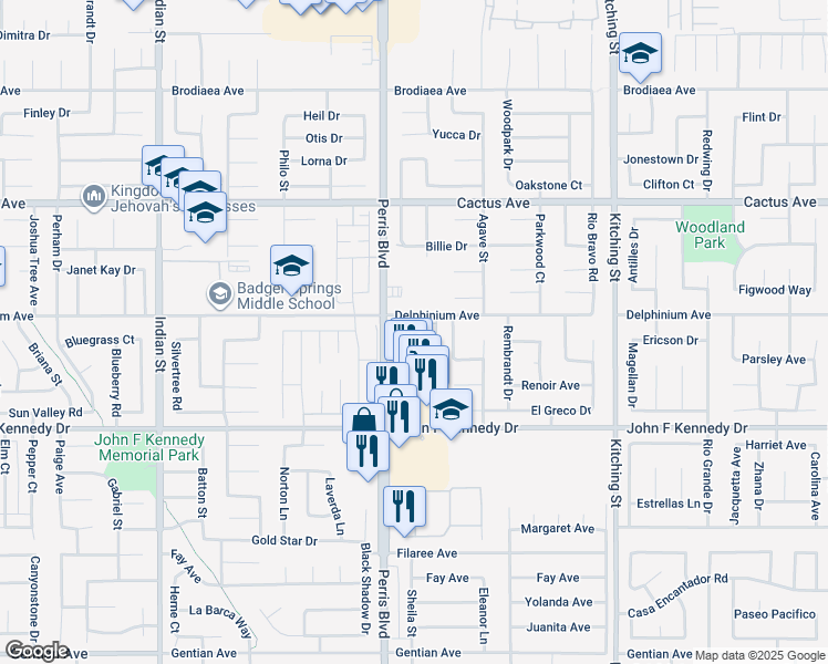 map of restaurants, bars, coffee shops, grocery stores, and more near 25055 Delphinium Avenue in Moreno Valley