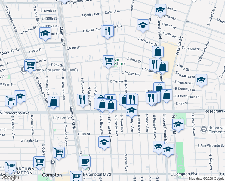 map of restaurants, bars, coffee shops, grocery stores, and more near 1503 North Chester Avenue in Compton