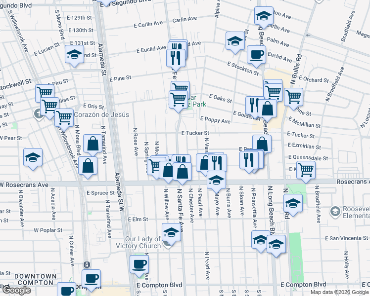 map of restaurants, bars, coffee shops, grocery stores, and more near 1417 North Santa Fe Avenue in Compton