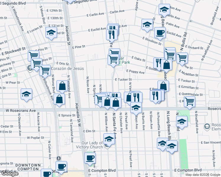 map of restaurants, bars, coffee shops, grocery stores, and more near 1417 North Santa Fe Avenue in Compton