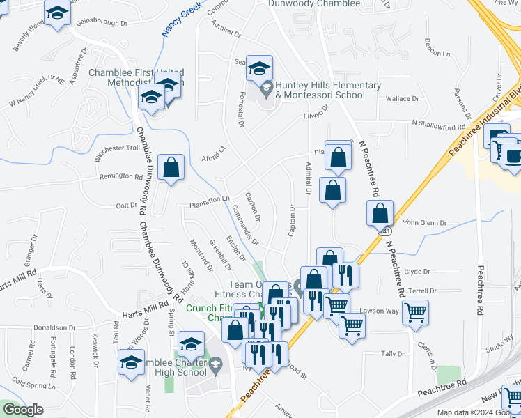 map of restaurants, bars, coffee shops, grocery stores, and more near 3871 Carlton Drive in Chamblee