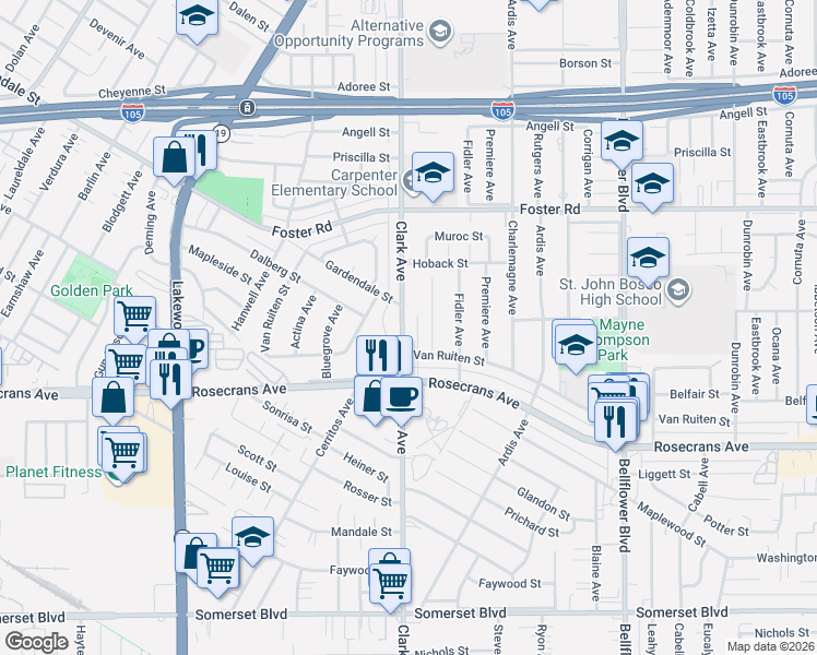 map of restaurants, bars, coffee shops, grocery stores, and more near 13724 Clark Avenue in Bellflower