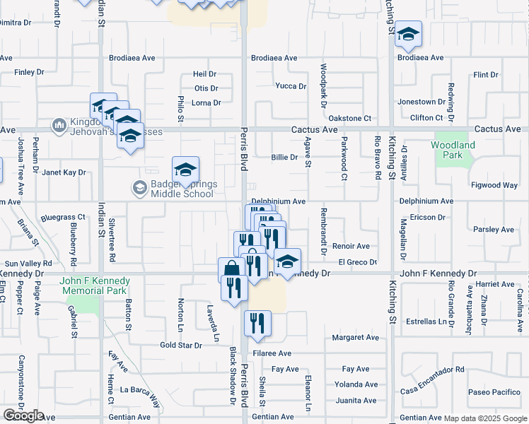 map of restaurants, bars, coffee shops, grocery stores, and more near 25055 Delphinium Avenue in Moreno Valley