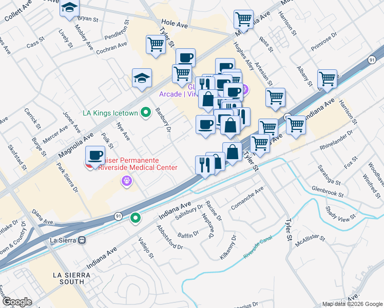map of restaurants, bars, coffee shops, grocery stores, and more near 3535 Banbury Drive in Riverside