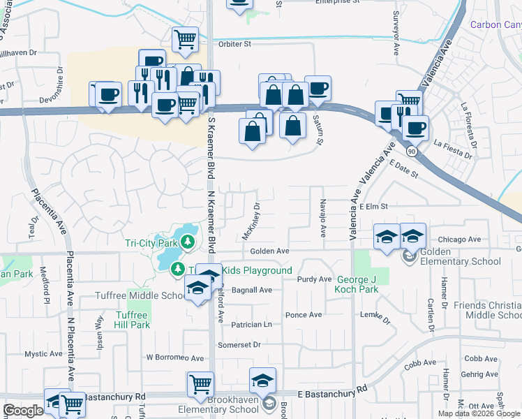 map of restaurants, bars, coffee shops, grocery stores, and more near 2407 McKinley Drive in Placentia