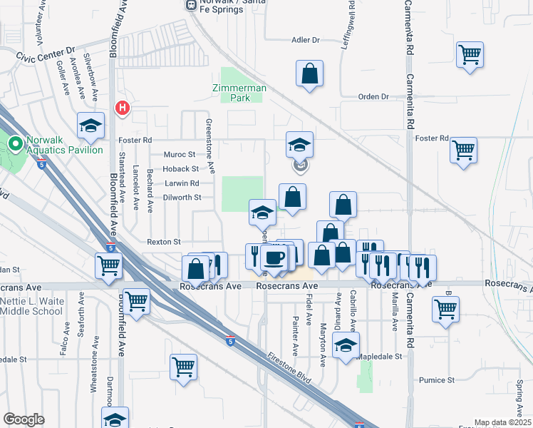 map of restaurants, bars, coffee shops, grocery stores, and more near 13811 Shoemaker Avenue in Norwalk