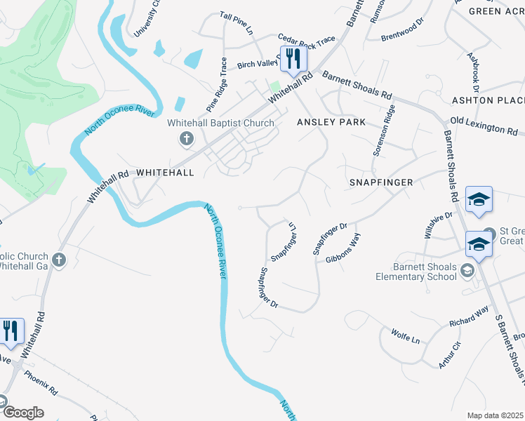 map of restaurants, bars, coffee shops, grocery stores, and more near 415 Ansley Drive in Athens