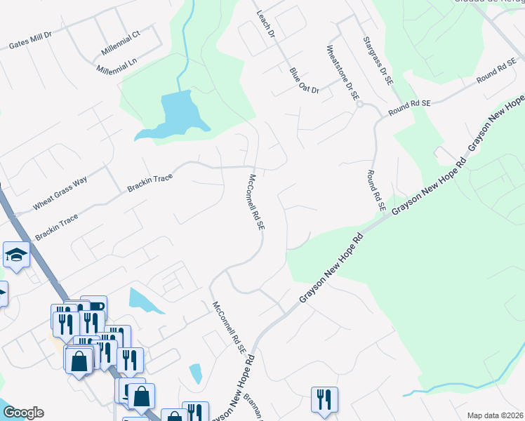 map of restaurants, bars, coffee shops, grocery stores, and more near 1824 McConnell Road Southeast in Grayson