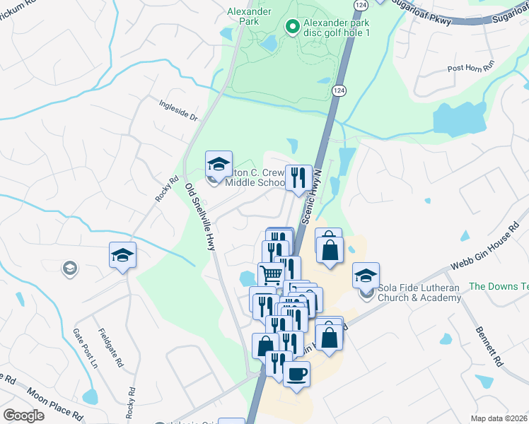 map of restaurants, bars, coffee shops, grocery stores, and more near 1107 Crewsplace Court in Lawrenceville