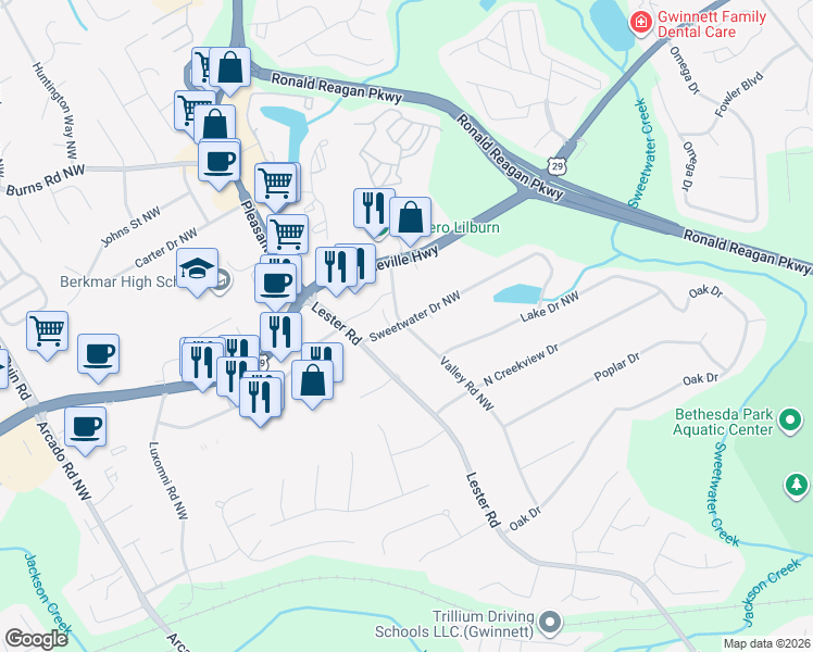 map of restaurants, bars, coffee shops, grocery stores, and more near 276 Valley Road Northwest in Lawrenceville