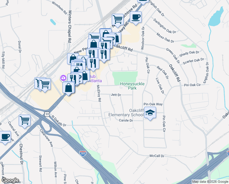map of restaurants, bars, coffee shops, grocery stores, and more near 3026 Jett Drive in Doraville