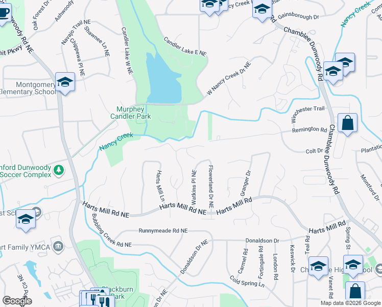 map of restaurants, bars, coffee shops, grocery stores, and more near 3857 Ashford Ridge Northeast in Atlanta