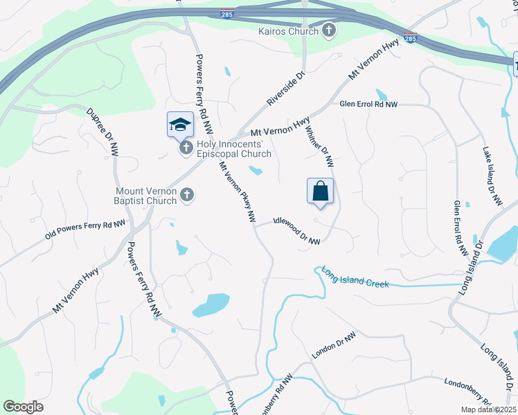 map of restaurants, bars, coffee shops, grocery stores, and more near 5495 Mount Vernon Parkway Northwest in Atlanta