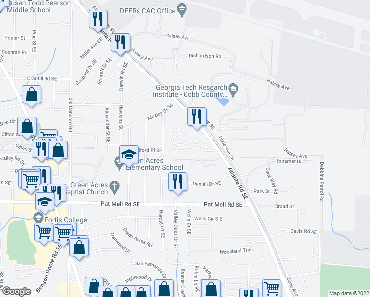 map of restaurants, bars, coffee shops, grocery stores, and more near 787 Belrose Drive Southeast in Smyrna