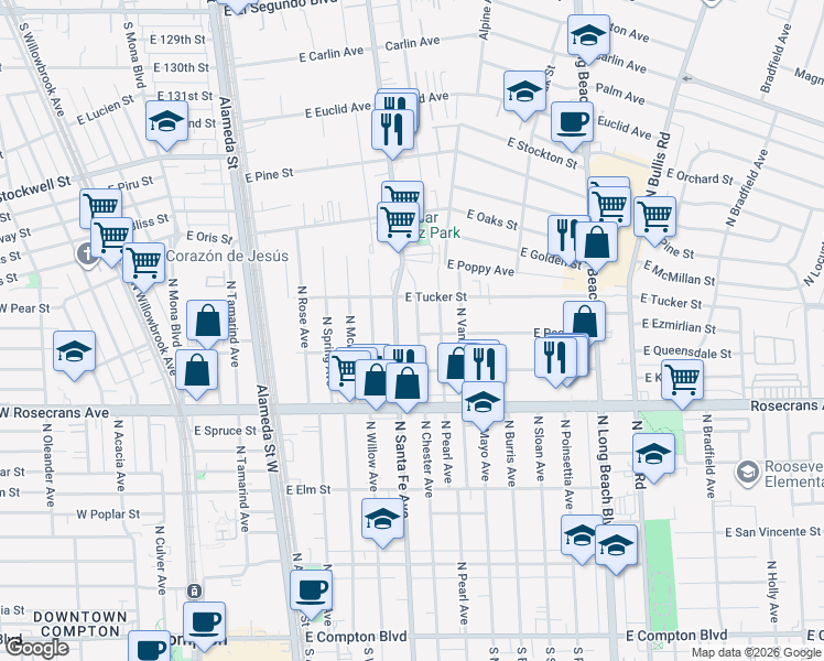 map of restaurants, bars, coffee shops, grocery stores, and more near 1503 North Chester Avenue in Compton