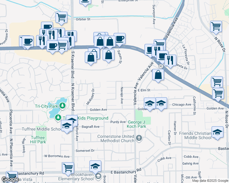 map of restaurants, bars, coffee shops, grocery stores, and more near 437 Cheyenne Place in Placentia