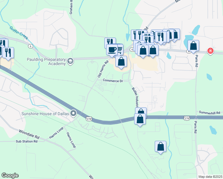 map of restaurants, bars, coffee shops, grocery stores, and more near 2032 Marshall Huff Road in Dallas
