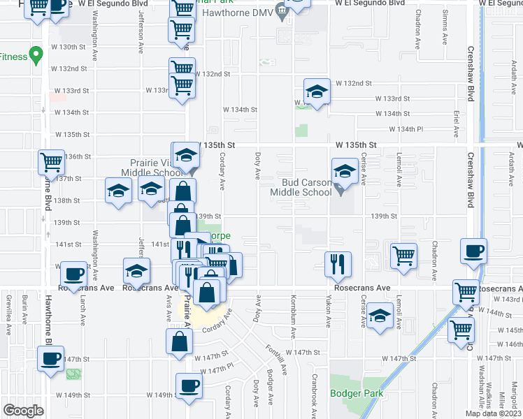 map of restaurants, bars, coffee shops, grocery stores, and more near 13816 Doty Avenue in Hawthorne