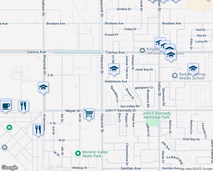map of restaurants, bars, coffee shops, grocery stores, and more near 14774 Lavender Lane in Moreno Valley