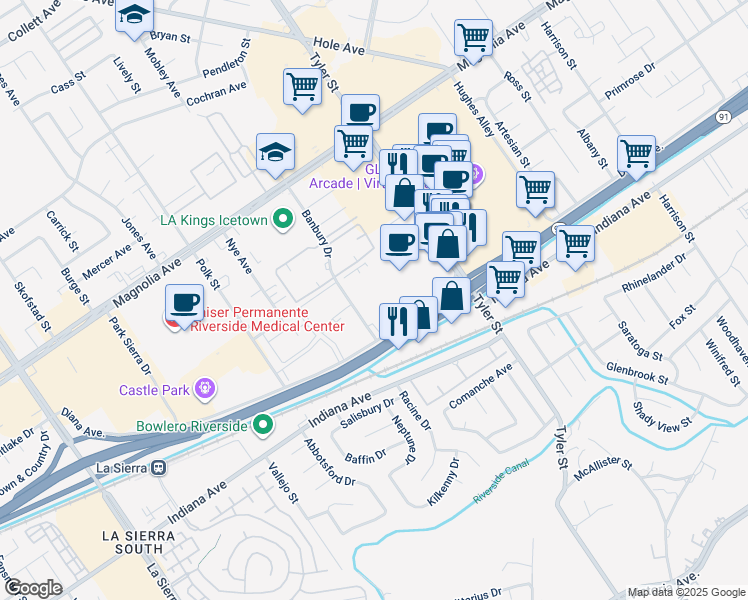 map of restaurants, bars, coffee shops, grocery stores, and more near 3535 Banbury Drive in Riverside