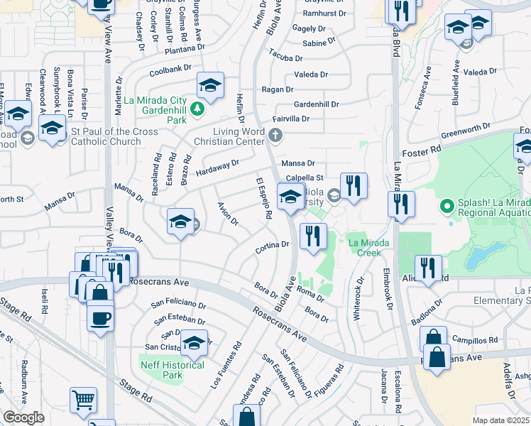 map of restaurants, bars, coffee shops, grocery stores, and more near 14628 Poner Street in La Mirada