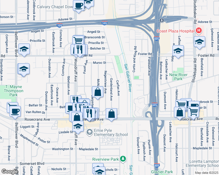 map of restaurants, bars, coffee shops, grocery stores, and more near 10416 Arthurdale Street in Bellflower