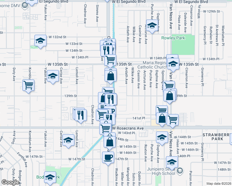 map of restaurants, bars, coffee shops, grocery stores, and more near 13900 Crenshaw Boulevard in Gardena