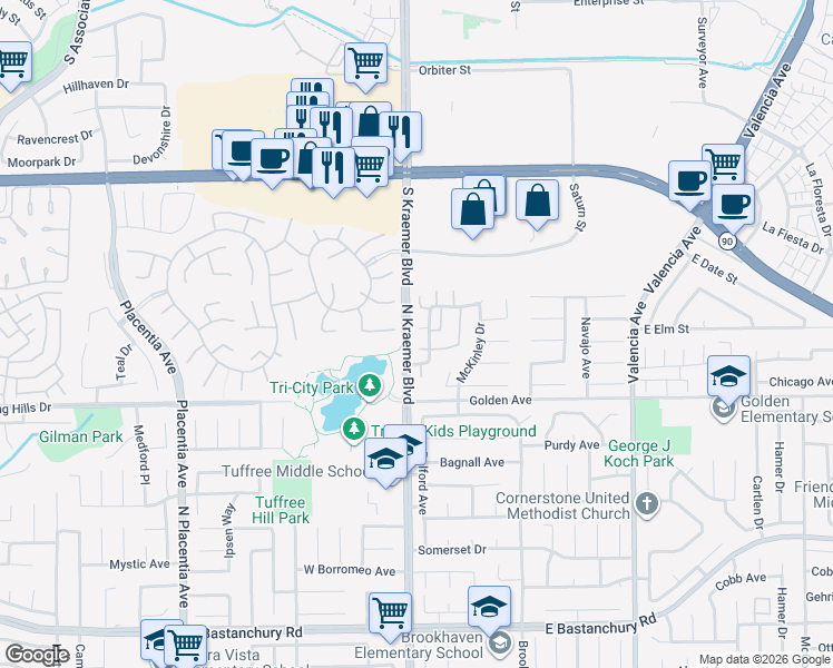 map of restaurants, bars, coffee shops, grocery stores, and more near 206 Allegheny Circle in Placentia