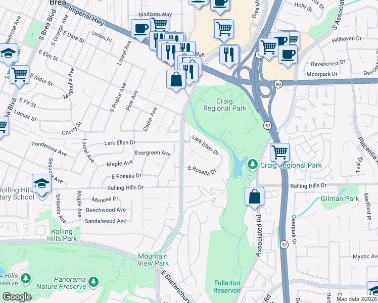 map of restaurants, bars, coffee shops, grocery stores, and more near 3053 Heather Drive in Fullerton