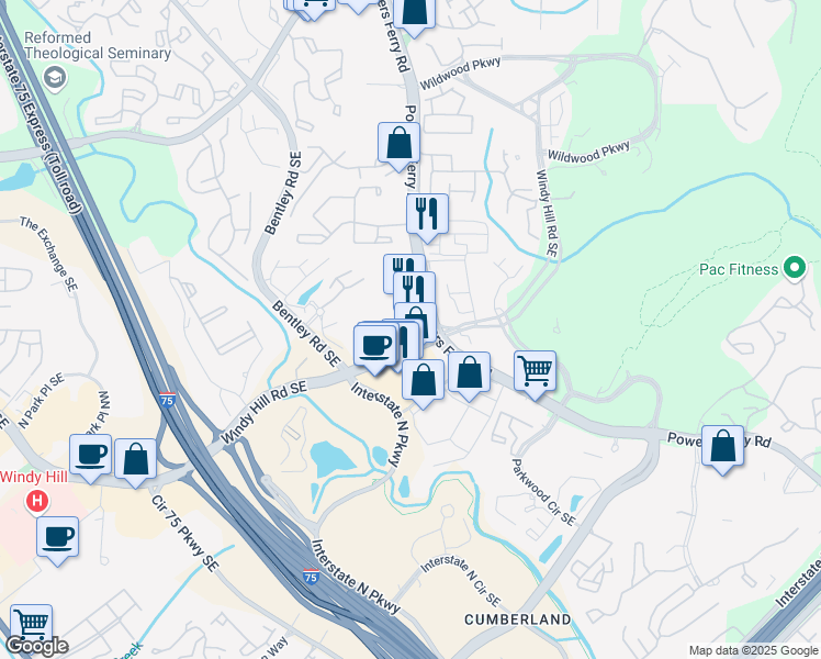 map of restaurants, bars, coffee shops, grocery stores, and more near 1888 Powers Ferry Road Southeast in Marietta