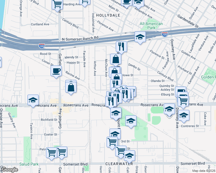 map of restaurants, bars, coffee shops, grocery stores, and more near 14048 McClure Avenue in Paramount