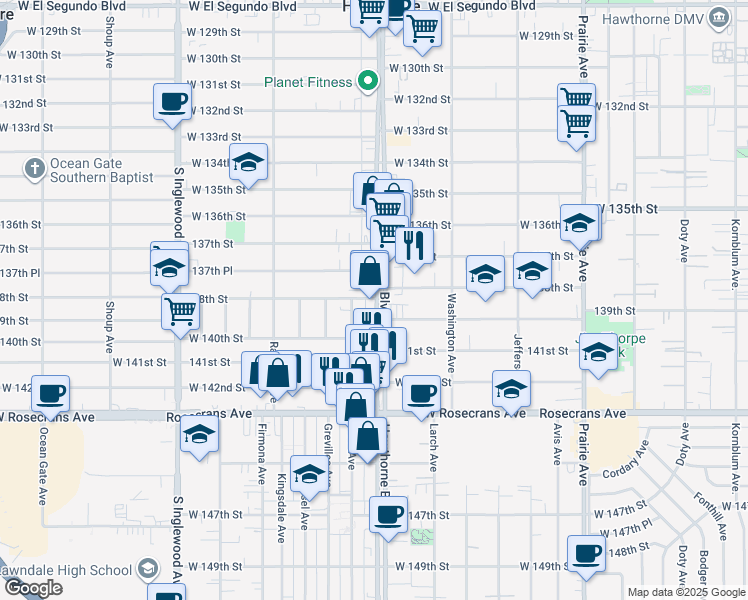 map of restaurants, bars, coffee shops, grocery stores, and more near 13801 Hawthorne Boulevard in Hawthorne