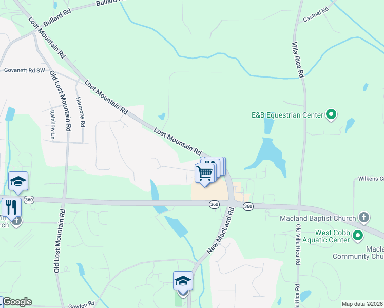 map of restaurants, bars, coffee shops, grocery stores, and more near 1960 Lost Mountain Road in Powder Springs