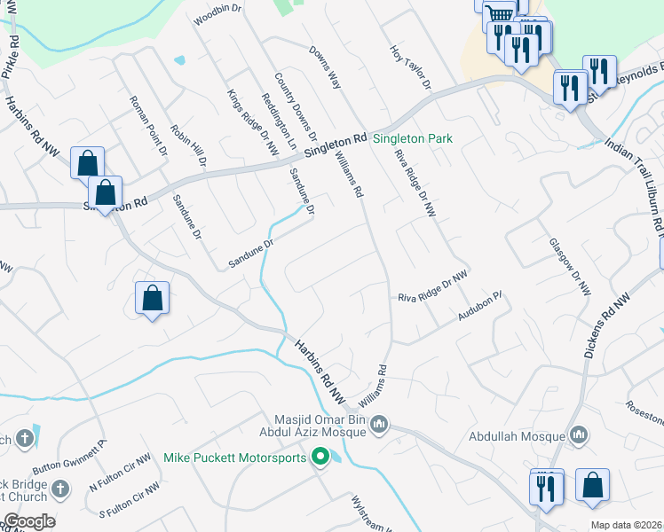 map of restaurants, bars, coffee shops, grocery stores, and more near 5383 Bishops Circle in Norcross