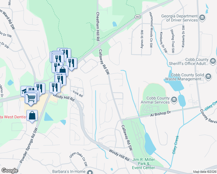 map of restaurants, bars, coffee shops, grocery stores, and more near 1479 Kolb Ridge Drive Southwest in Marietta