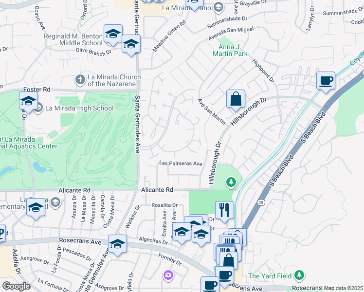 map of restaurants, bars, coffee shops, grocery stores, and more near 15942 Alta Vista Drive in La Mirada