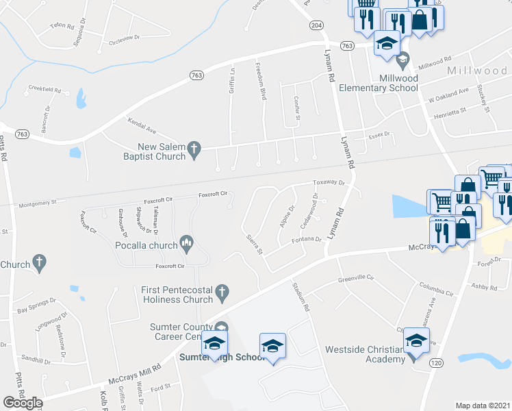 map of restaurants, bars, coffee shops, grocery stores, and more near 520 Sierra Street in Sumter