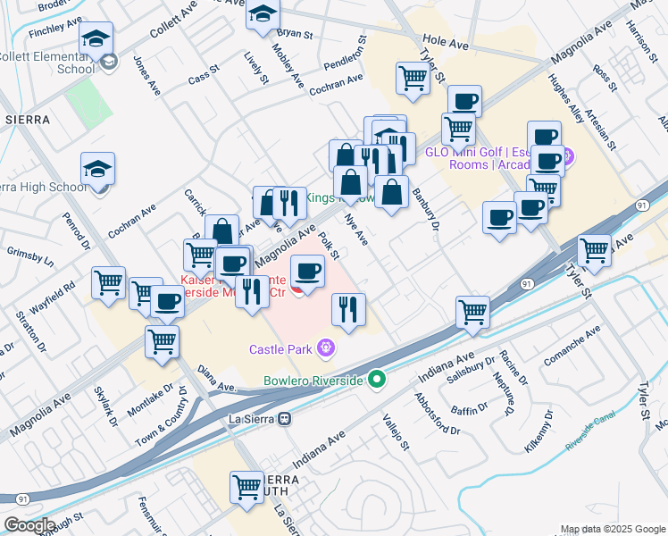 map of restaurants, bars, coffee shops, grocery stores, and more near 3720 Polk Street in Riverside