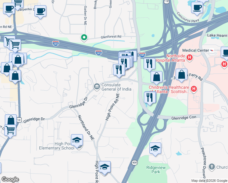 map of restaurants, bars, coffee shops, grocery stores, and more near 5490 High Point Road Northeast in Atlanta