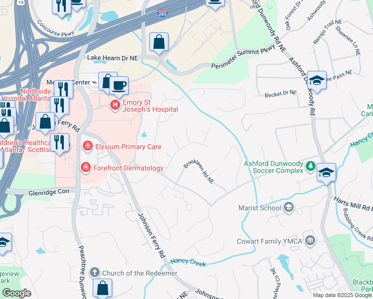 map of restaurants, bars, coffee shops, grocery stores, and more near 3871 Byrnwyck Place Northeast in Atlanta