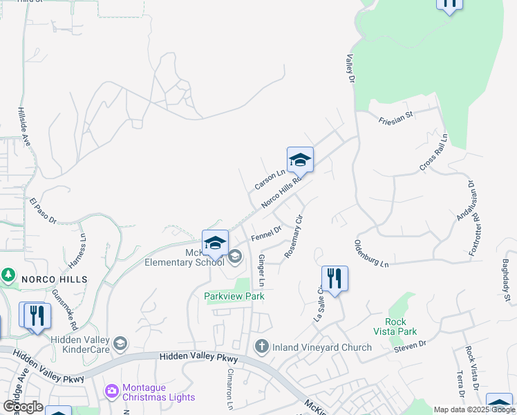 map of restaurants, bars, coffee shops, grocery stores, and more near 1547 Norco Hills Road in Corona