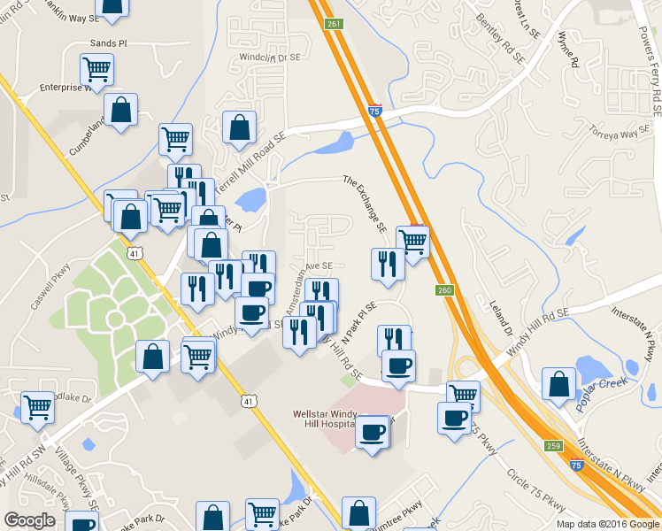map of restaurants, bars, coffee shops, grocery stores, and more near Amsterdam Avenue Southeast in Atlanta
