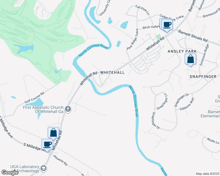 map of restaurants, bars, coffee shops, grocery stores, and more near 585 White Circle in Athens