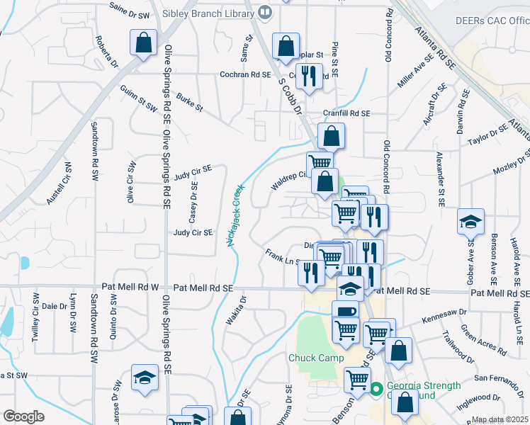 map of restaurants, bars, coffee shops, grocery stores, and more near 1848 Waldrep Circle Southeast in Marietta
