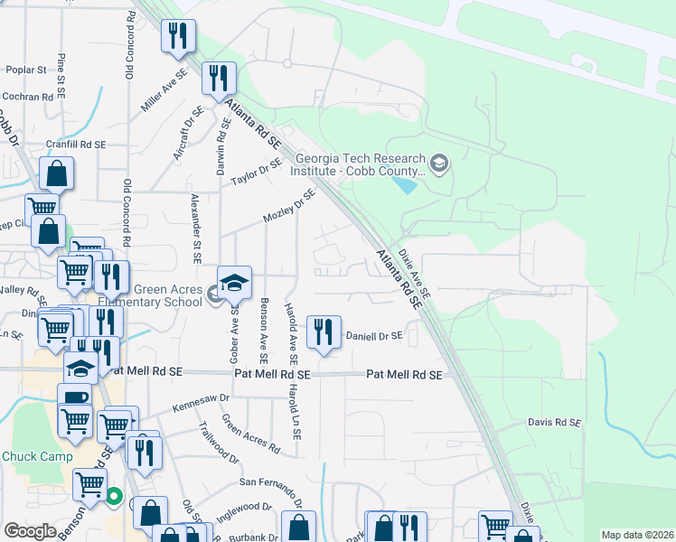 map of restaurants, bars, coffee shops, grocery stores, and more near 803 Belrose Drive Southeast in Smyrna