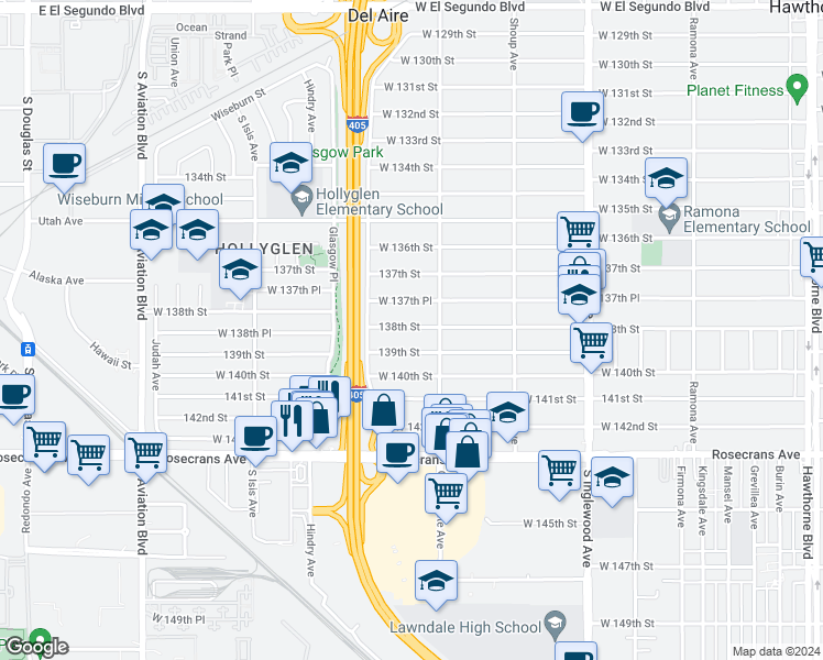 map of restaurants, bars, coffee shops, grocery stores, and more near 5130 138th Street in Hawthorne