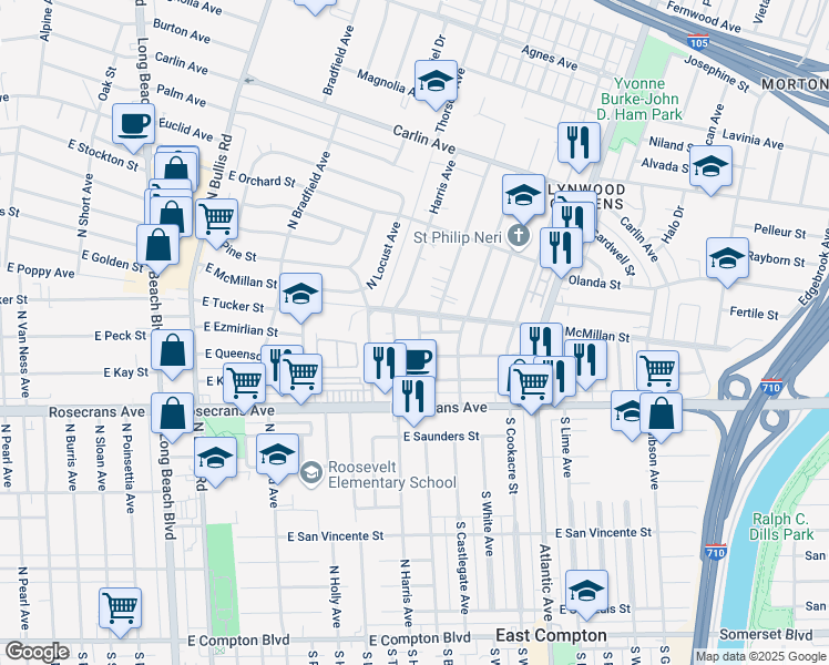 map of restaurants, bars, coffee shops, grocery stores, and more near 12817 South Butler Avenue in Compton