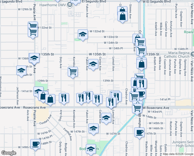 map of restaurants, bars, coffee shops, grocery stores, and more near 3505 West 139th Street in Hawthorne